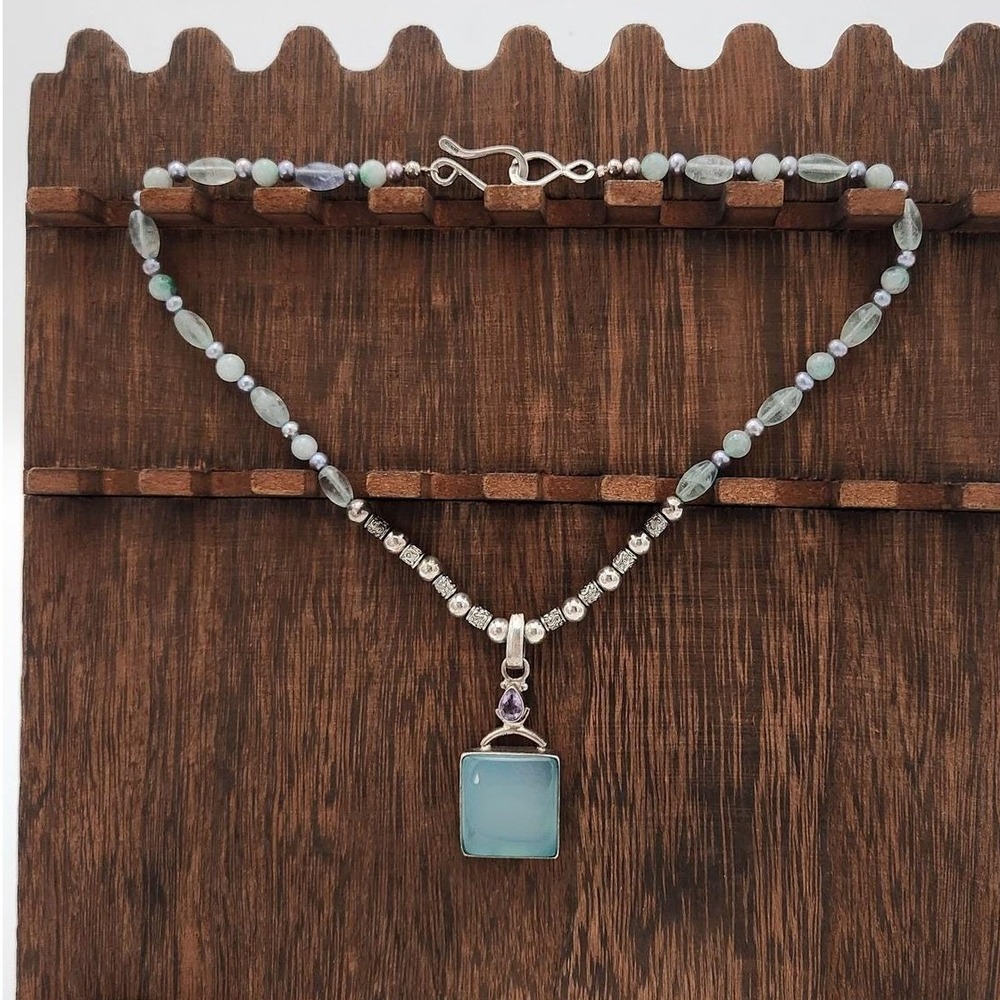 Artisan Gemstone Necklace Women 20in Aqua Chalcedony Amethyst Pearl Silver 925